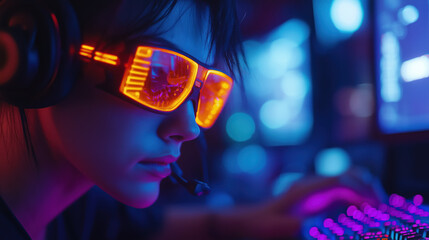 Gamer immersed in neon world with glowing headset and glasses
