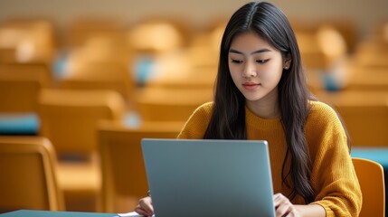 Young Asian Female Student Working on Creative Writing Assignment Using Laptop in Classroom