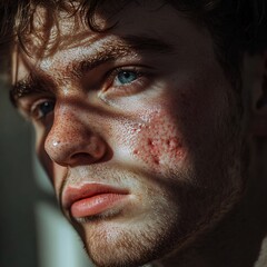 A young man with acne scars on his cheeks, soft natural light casting gentle shadows on his face