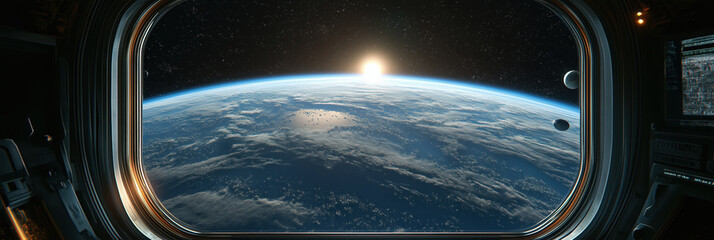 View of Earth from a spaceship window with sunrise and distant moons
