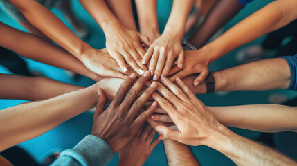 Diverse group of hands united in a circle, symbolizing unity, teamwork, and collaboration. The image captures the strength and harmony of working together across different backgrounds.