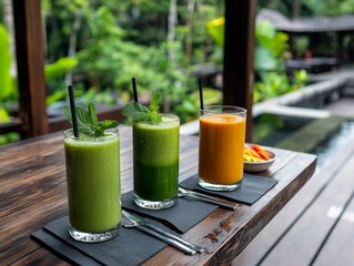 A wellness center in Thailand offering detox programs, with fresh tropical juices, organic meals, and mindfulness practices integrated into daily routines