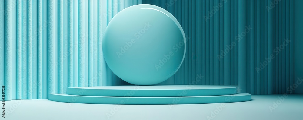 Poster minimalistic turquoise display with a circular pedestal and vertical lines, perfect for modern desig