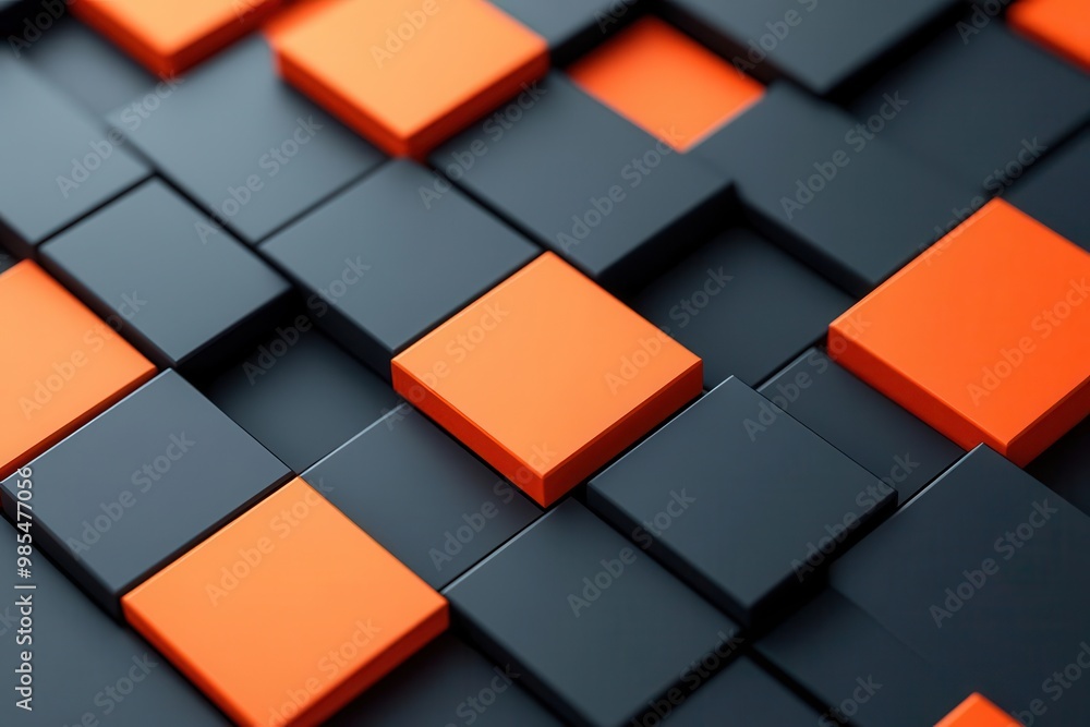 Poster modern abstract design featuring interlocking black and orange squares, creating a dynamic and visua