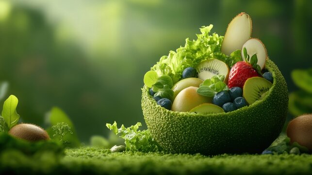 Fresh Mix of Greens and Fruits on Mossy Surface