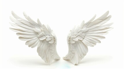 Side view photograph of a pair of majestic white angel wings, elegantly arched and isolated on a pristine white background, showcasing their graceful curvature.