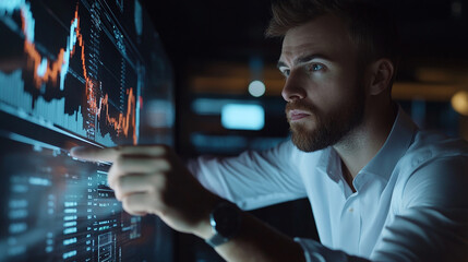 Fototapeta premium Businessman pointing at stock market trends on a computer screen modern portrait financial background analysis