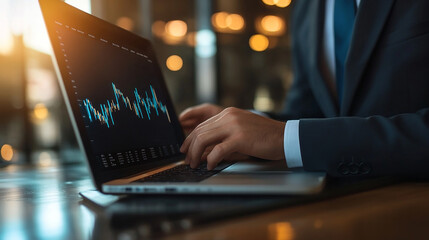 Businessman in a suit checking stock prices on a laptop modern portrait stock market background financial planning