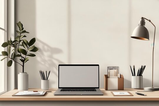 Modern workspace featuring a laptop, desk lamp, stationery, and decorative plant in a bright, airy setting.