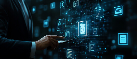 Human AI using computer for Document management system concept, business man using computer folder and document icon software, searching and managing files online document database