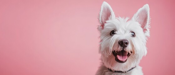 Happy White Dog on Pink Background.