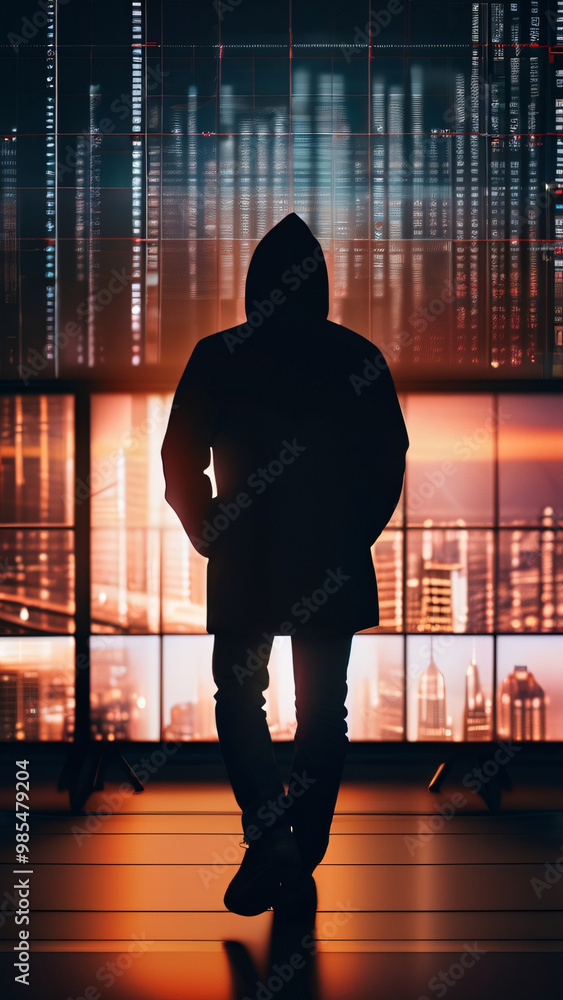 Poster a silhouette of a person standing in front of a giant digital screen with a flow of data showing var