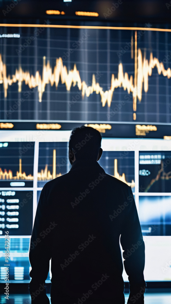 Poster a silhouette of a person standing in front of a giant digital screen with a flow of data showing var