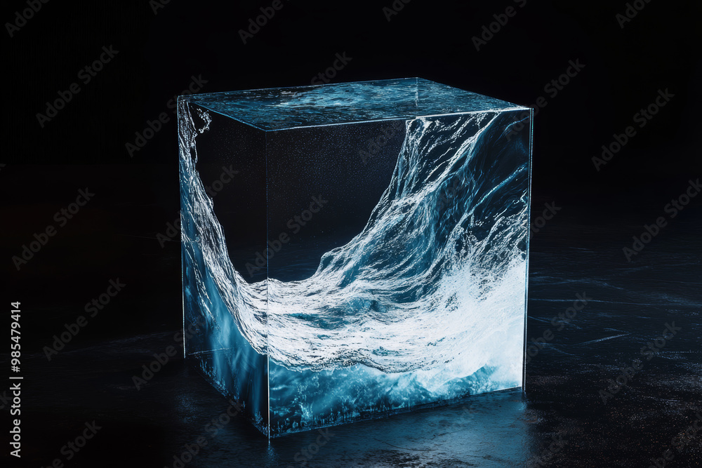 Poster a transparent cube with dynamic water waves swirling inside against a dark background showcasing a u