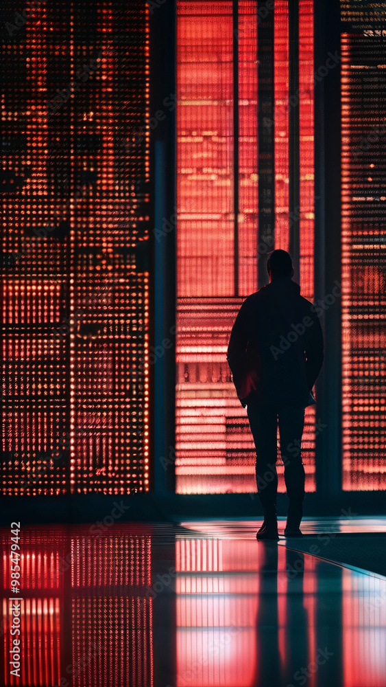 Poster a silhouette of a person standing in front of a giant digital screen with a flow of data showing var