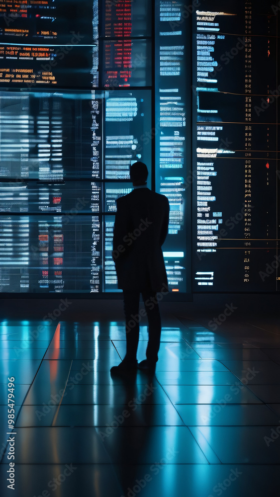 Poster a silhouette of a person standing in front of a giant digital screen with a flow of data showing var