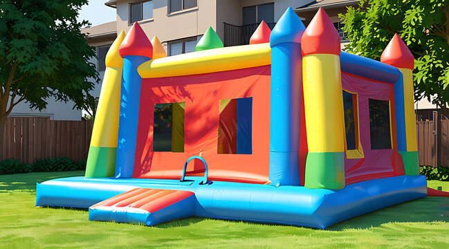 A Colorful Inflatable bounce house in the backyard for kids playground, inflatable bounce house,

