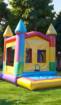 A Colorful Inflatable bounce house in the backyard for kids playground, inflatable bounce house,

