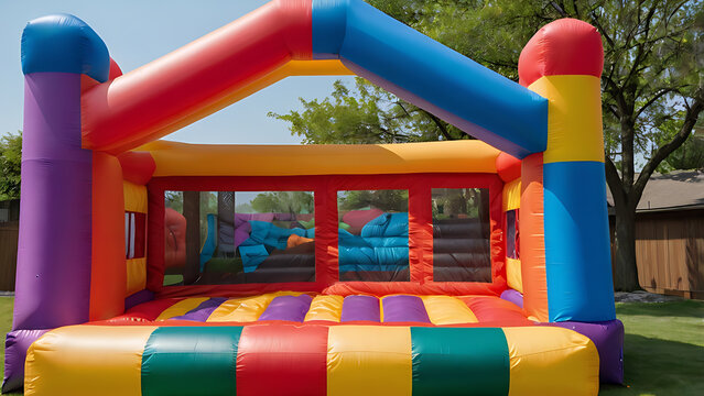 A Colorful Inflatable bounce house in the backyard for kids playground, inflatable bounce house,

