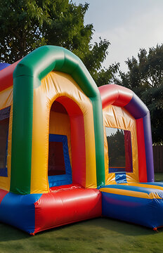 A Colorful Inflatable bounce house in the backyard for kids playground, inflatable bounce house,

