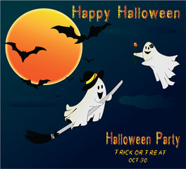 Halloween background with bats, ghost, moon and dark background.  happy Halloween greetings, Halloween party invitation, card, poster, banner, web