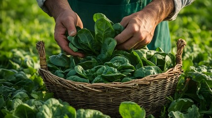 Freshly Harvested Leafy Greens in a Woven Basket Amid Natural Surroundings