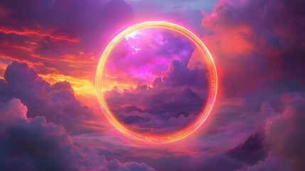 A surreal, dreamlike scene of vibrant clouds illuminated by a glowing neon ring in the sky. The fiery sunset colors blend with purples and pinks, creating a futuristic, otherworldly atmosphere.