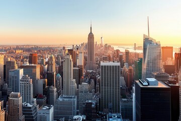 Naklejka premium Stunning skyline view of New York City at sunset, showcasing iconic buildings and a vibrant urban landscape.