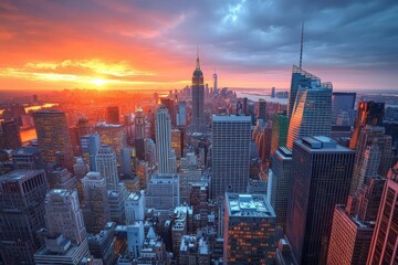 Obraz premium Stunning sunset over a vibrant city skyline, showcasing modern architecture and warm tones illuminating the urban landscape.