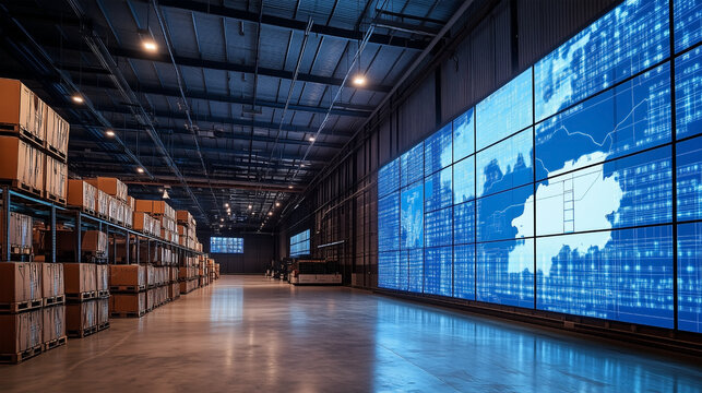 A large warehouse with a large screen on the wall showing a map of the world