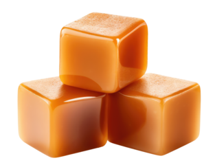 Three caramel cubes isolated on transparent background