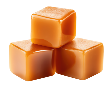 Three caramel cubes isolated on transparent background