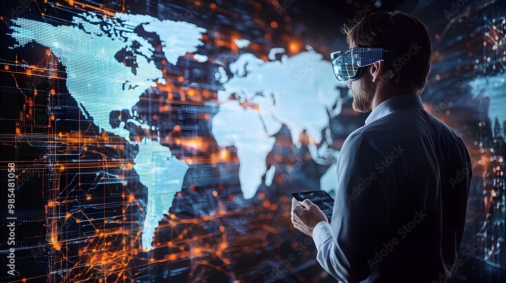 Aufkleber businessman analyzing global business data and intelligence on interactive digital display