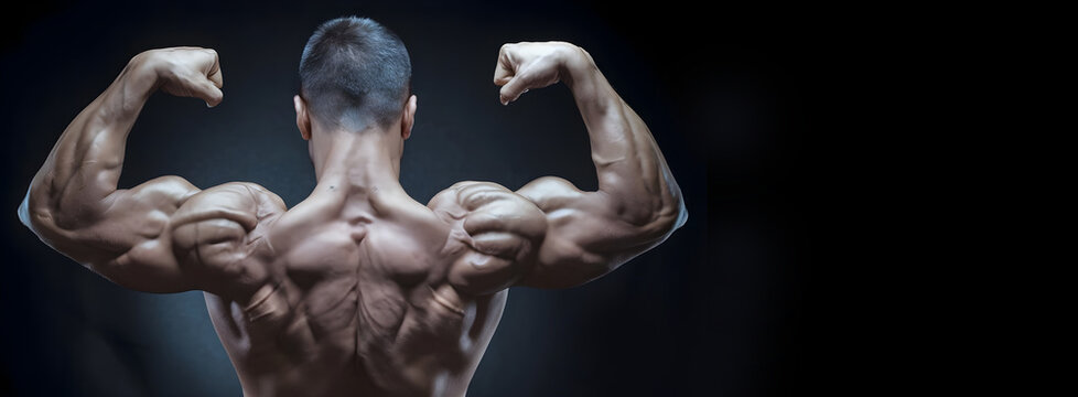 A muscular bodybuilder is showing his biceps and other muscles from backside on dark background