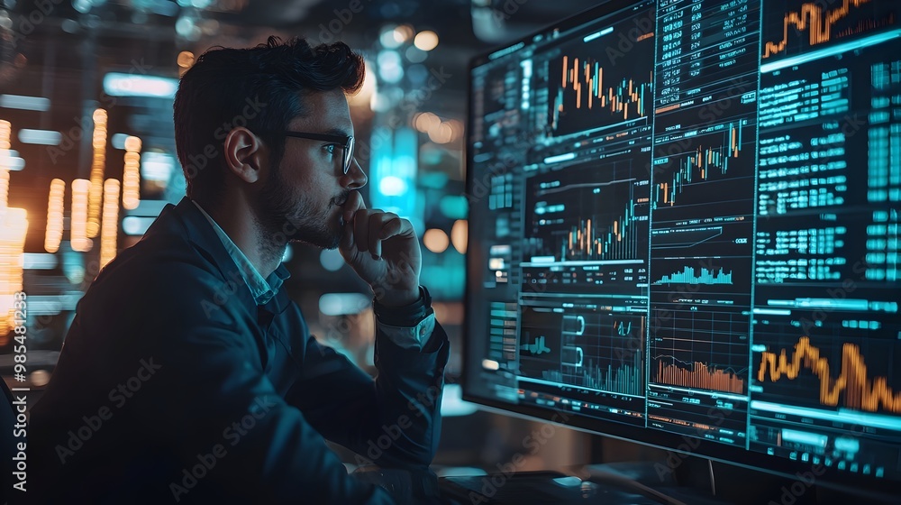 Poster market analyst monitoring financial data on multiple screens