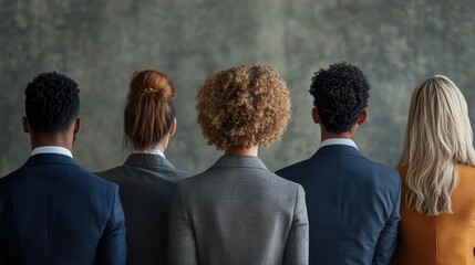 Obraz premium Team of professionals standing together, showcasing leadership and diversity against a textured background.