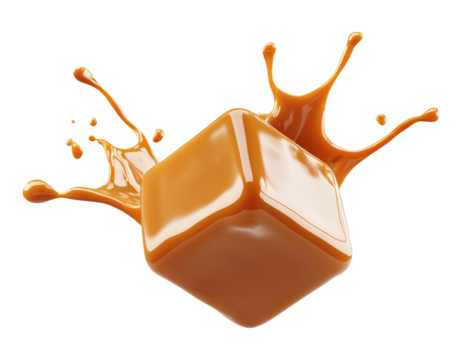 Splash of caramel with cube isolated on transparent background