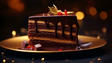 An exquisite piece of dark chocolate cake with glossy ganache and edible gold leaf, an elegant and delicate dessert, ideal for the presentation of luxurious dishes.