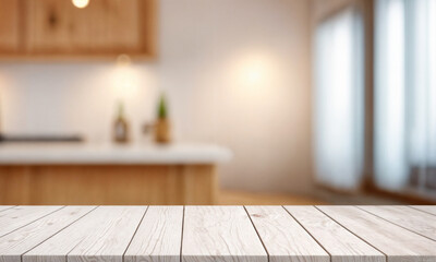 Empty wooden table in front of blurred cafe bar or restaurant. Abstract lights bokeh background, front view, free space for your product.