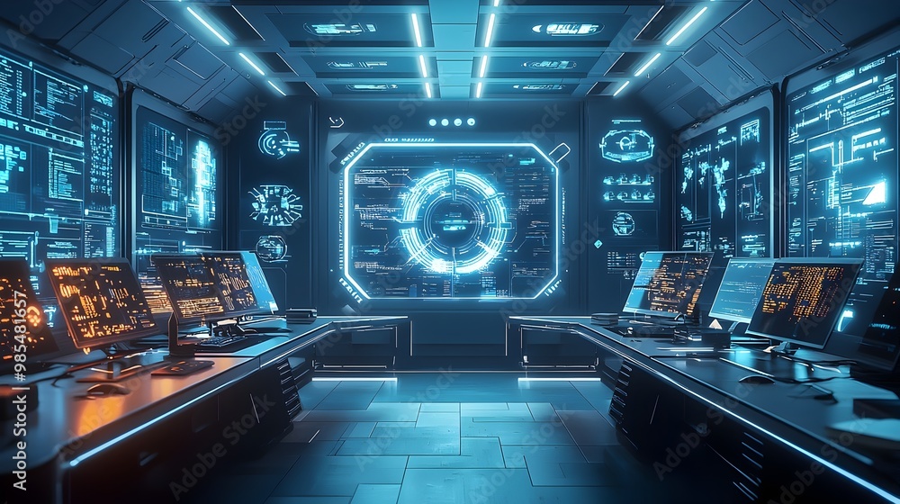 Poster cutting-edge futuristic workspace with ai-powered devices driving business automation and efficiency