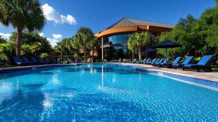 Serene Resort Pool with Lush Surroundings and Blue Sky