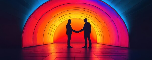 Fototapeta premium Two silhouettes shake hands against a vibrant rainbow light backdrop, symbolizing partnership and collaboration.