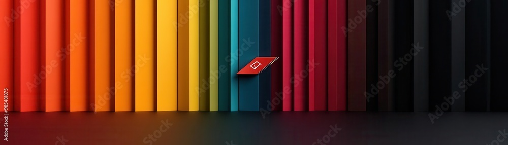Aufkleber vibrant color palette with a single red object highlighted against vertical color bars, creating a s