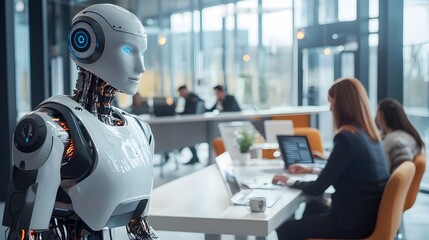 Modern Corporate Office with Robotic Assistants Enabling Executive and Productivity