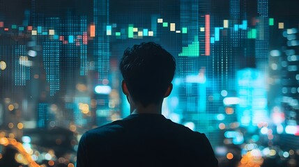 Startup Founder Overseeing Virtual Financial Data Amidst City Skyline