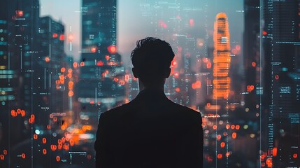 Startup Founder Reviewing Virtual Financial Data Overlaying City Skyline for Business Growth and