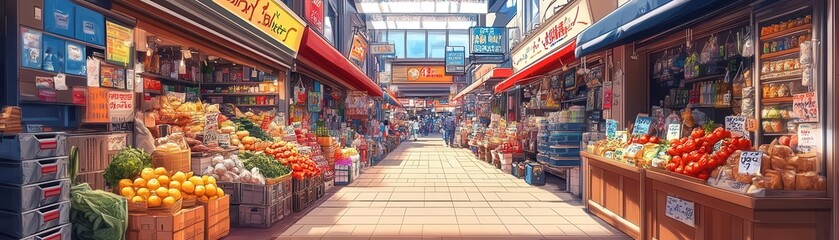 Vibrant market scene filled with fresh produce and colorful stalls, showcasing an abundance of fruits and vegetables.