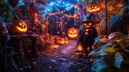 A charming Halloween garden bursts with colorful pumpkins, cheerful scarecrows, and glowing lanterns