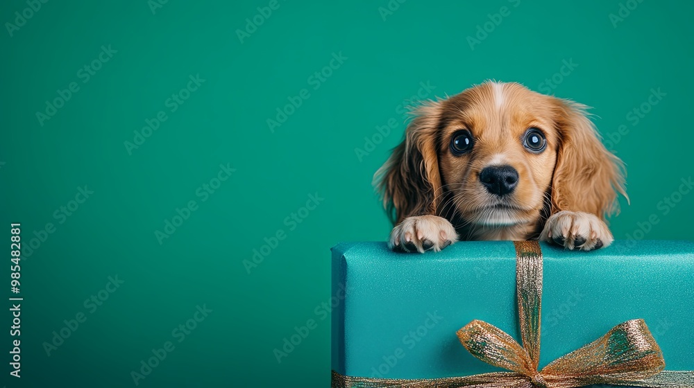 Canvas Prints A small brown dog is peeking out from under a green box