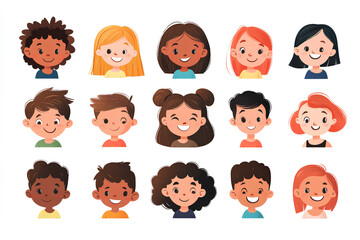 Bundle of smiling faces of boys and girls with different hairstyles, skin colors and ethnicities. Colorful flat vector illustration isolated on white background